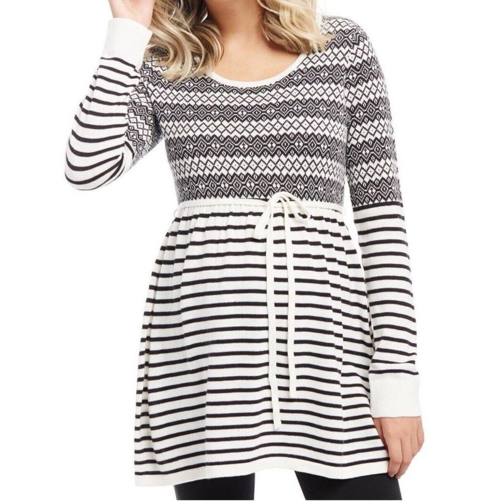 Motherhood‎ Maternity Sweater Women's XL Striped Belted Tunic Long Sleeve Black